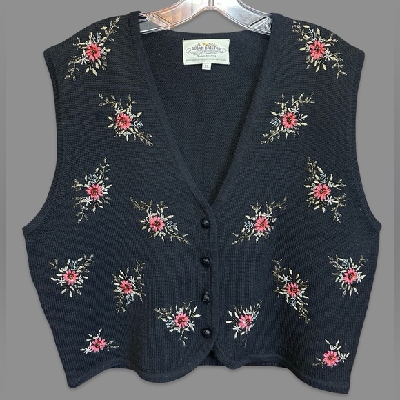 Susan Bristol Sweaters - Vintage Susan Bristol 100% Wool Women's Vest Size XL Floral Beaded Embroidery